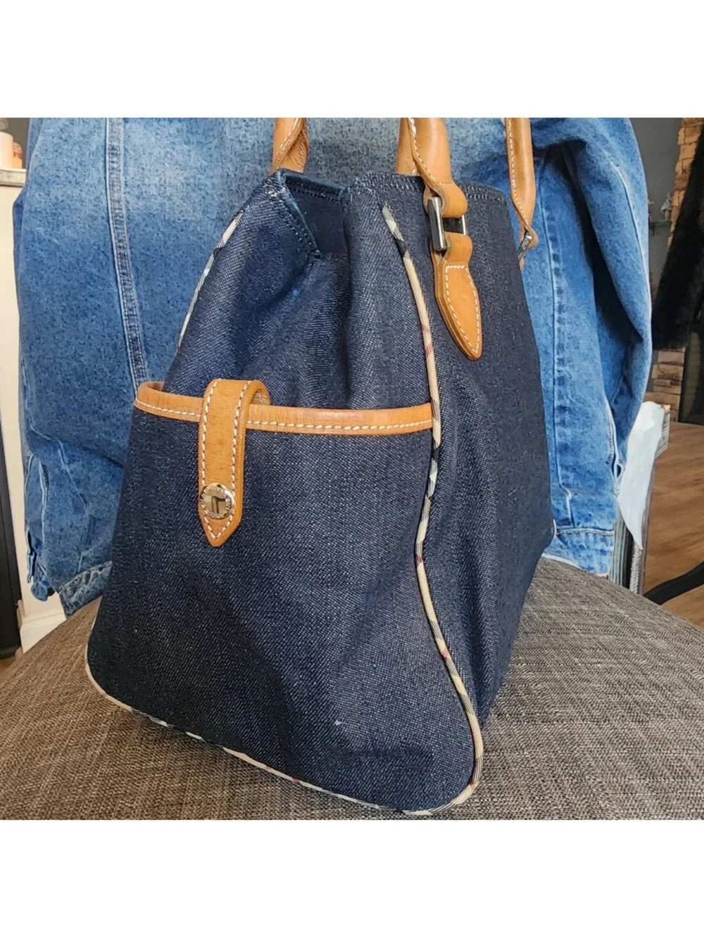 Burberry Denim Tote with Tan Leather Trim